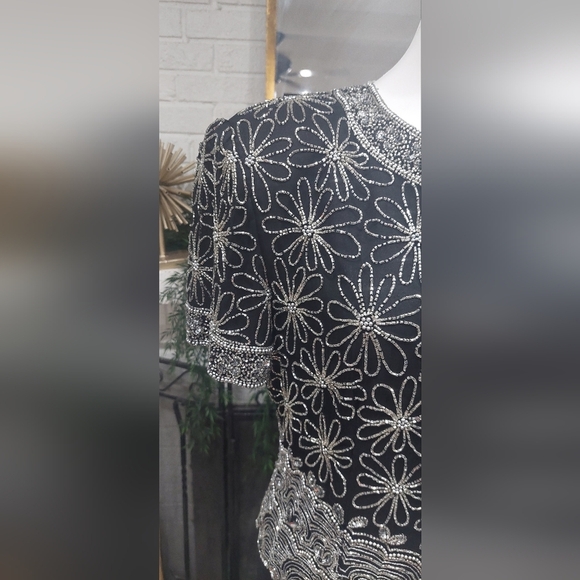 Vintage Laurence Kazar Black Sequin Silk Beaded Blouse Women's Sz L Evening Top - Picture 4 of 12